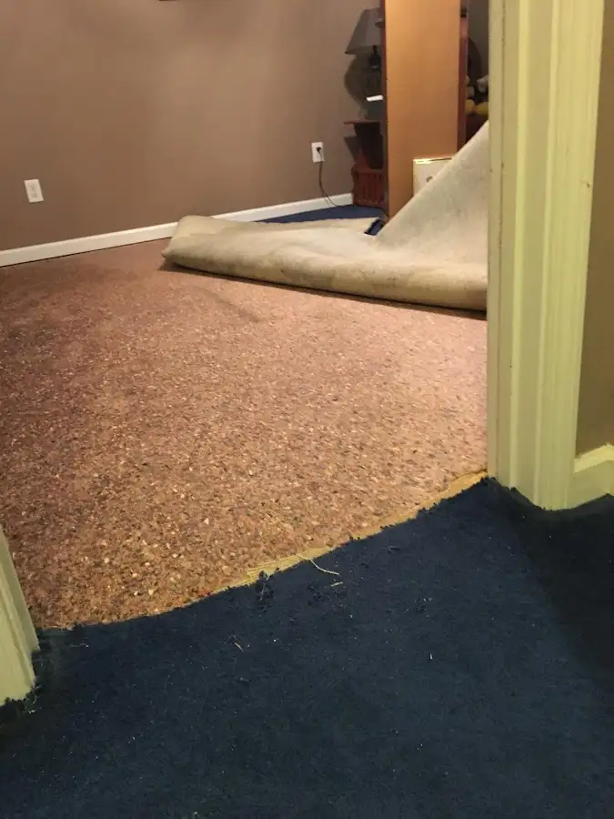Carpet pad removal revealing water damage during Water Mitigation Services in Crawfordsville